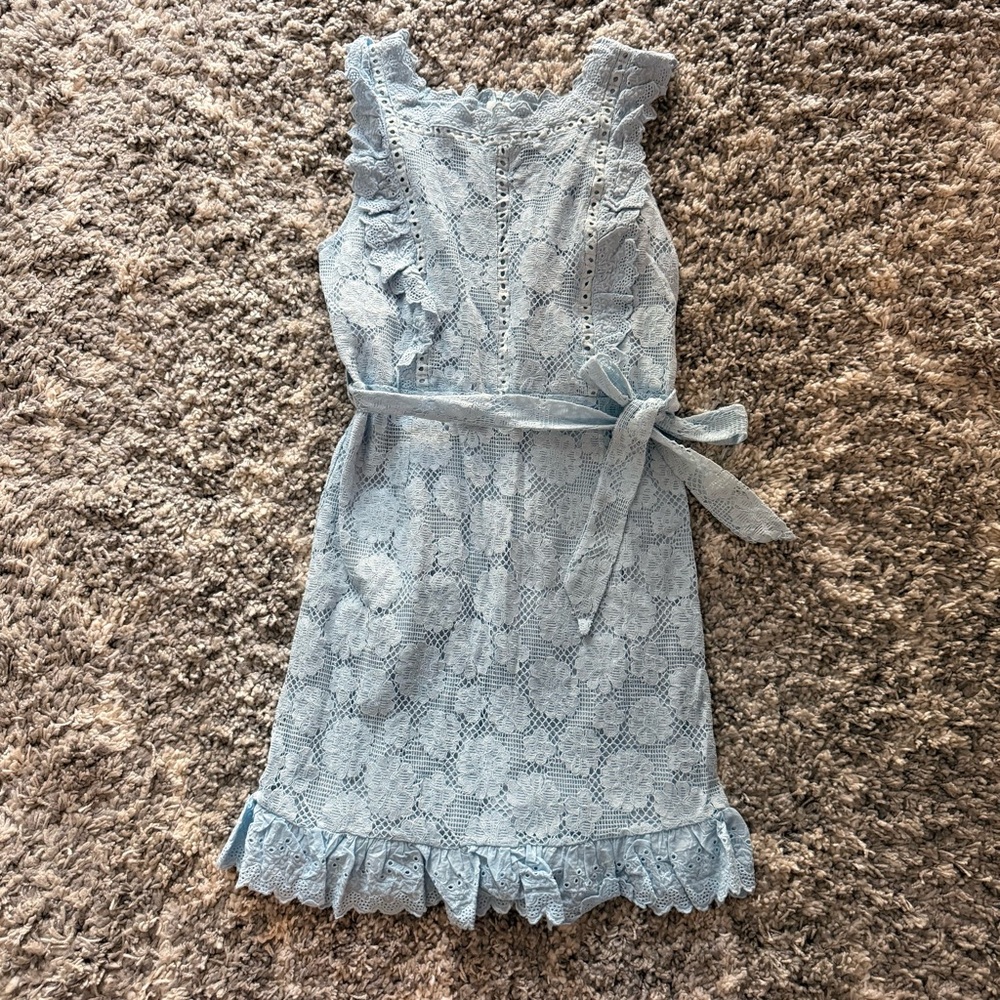 NWT SIMPLEE Apparel Light Blue Belted Lace Dress